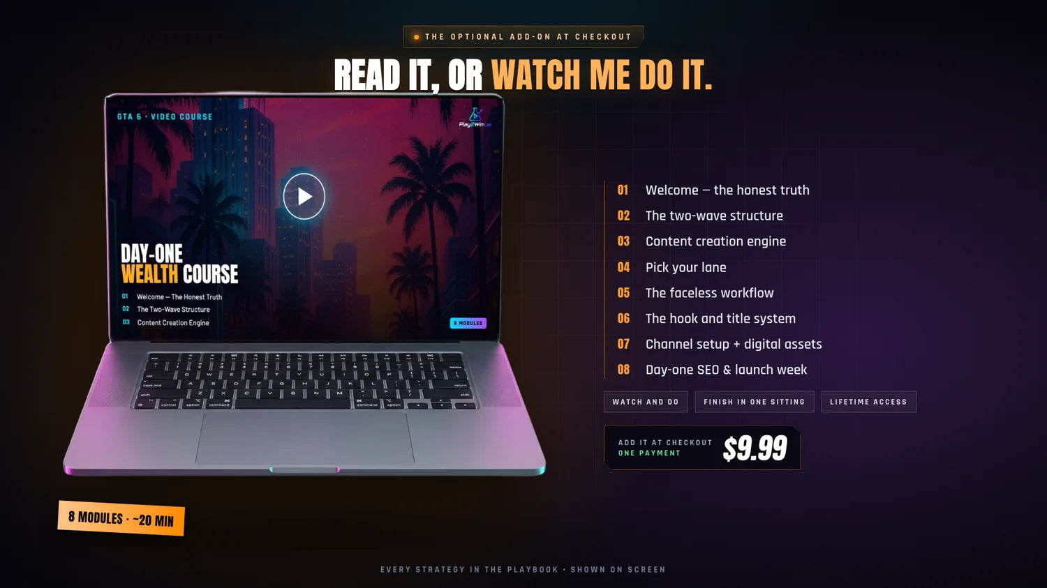 The Creator Video Course: eight modules, about twenty minutes, $9.99 at checkout.