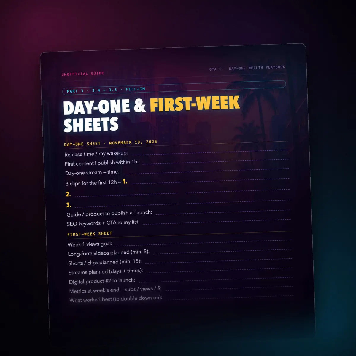 The day-one and first-week sheets